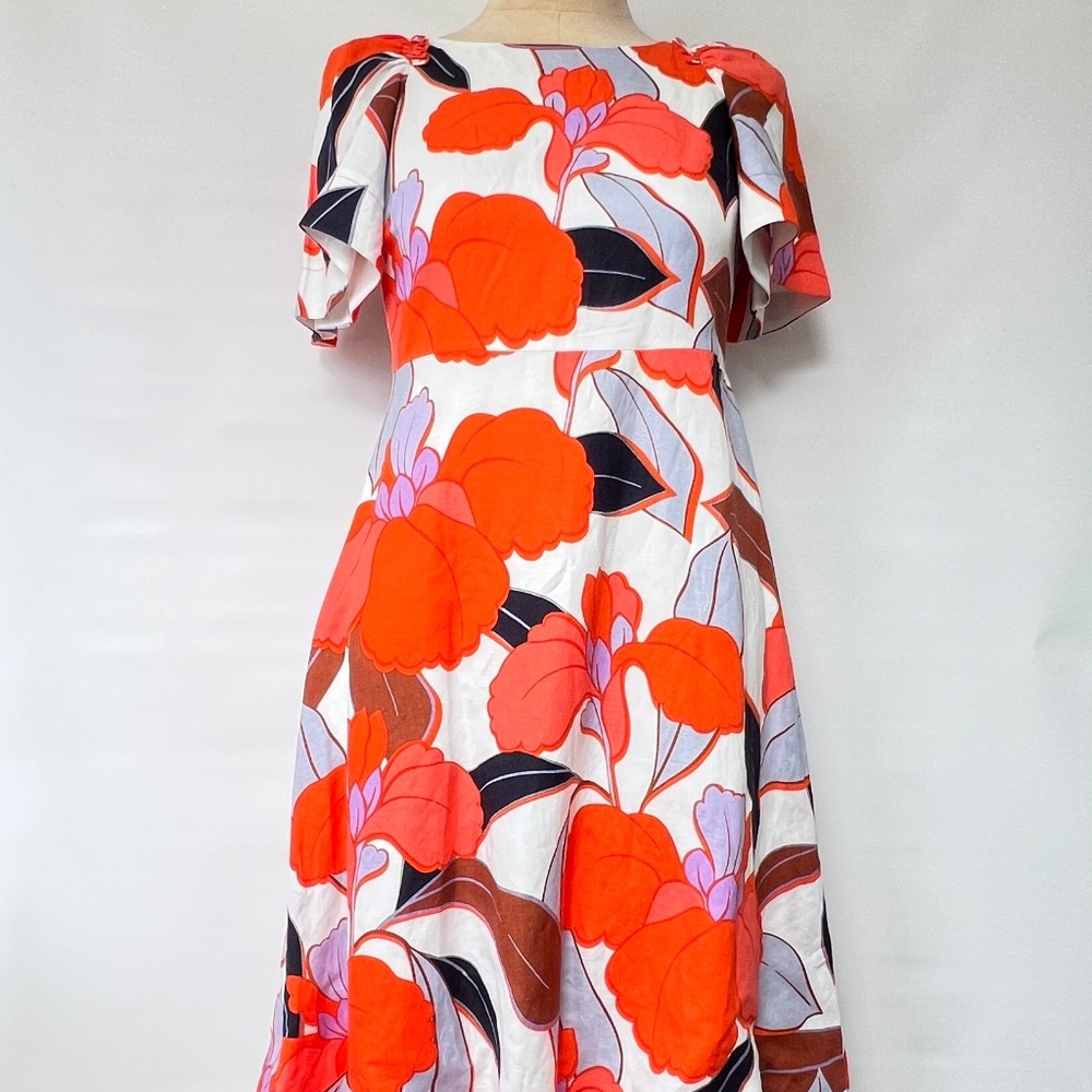 Ann Taylor 4P Bold Blooms Floral Linen Blend Tie Back Dress Flutter Sleeve